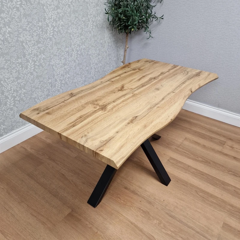 Image of Kosy Koala Durable Wooden Dining Table With X-Shaped Iron Legs, Curved Edge For Dining, Work, Or Study (Length 140Cm)