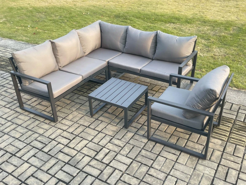 Image of Fimous Outdoor Garden Furniture Set Aluminium Lounge Sofa Square Coffee Table Sets with Chair Indoor Conservatory Set Dark Grey Dark Grey Unisex