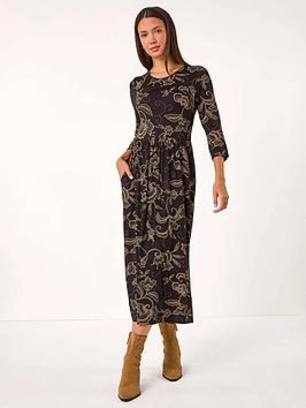Image of Roman Paisley Pocket Stretch Midi Dress Tan