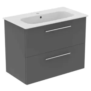 Image of Ideal Standard I.life A 80Cm Matt Quartz Grey Wall Hung Vanity Unit, 84Cm White Vanity Basin And Chrome Handle Pack