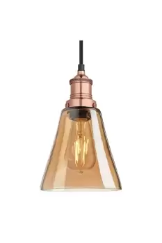 Image of Brooklyn Tinted Glass Flask Pendant, 6 Inch, Amber, Copper Holder