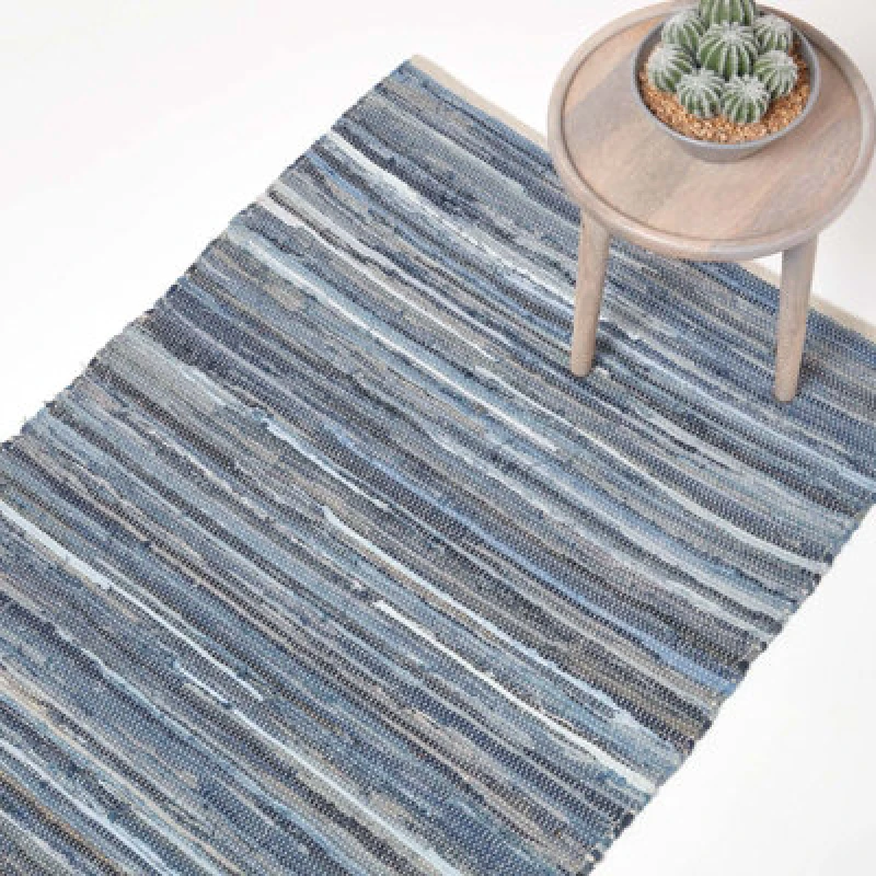 Image of Homescapes Blue Denim Handwoven Striped Chindi Rug, 120 X180 Cm