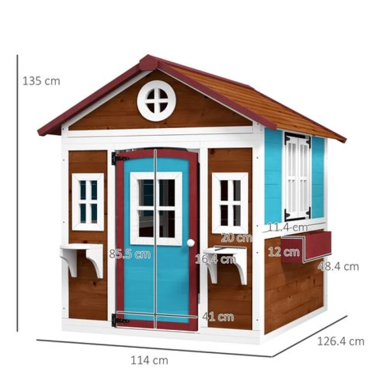 Image of Outsunny Wooden Playhouse with Doors, Wooden, Plant Pots for Kids - Dark Brown - Brown - Outsunny 5056725508647