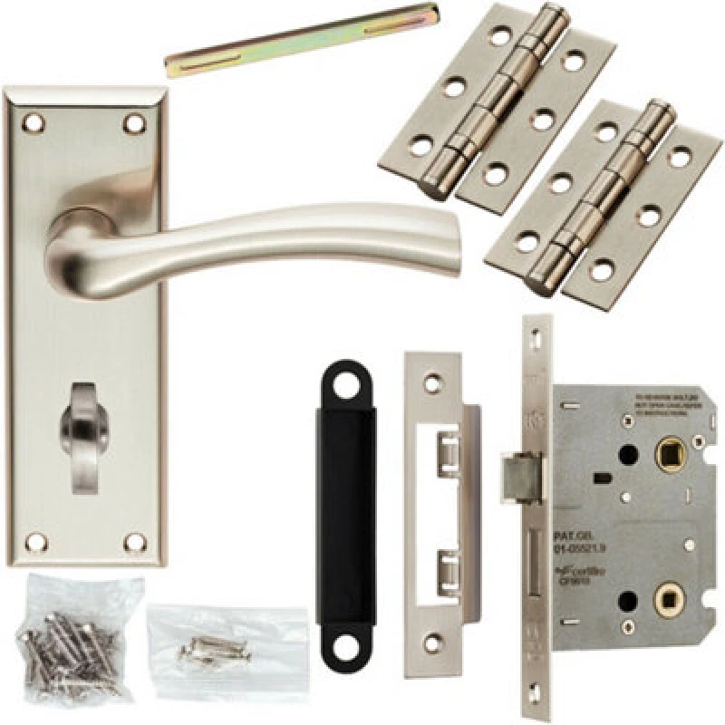 Image of Loops Door Handle & Bathroom Lock Pack Satin Nickel Chunky Tapered Lever Backplate Metallics