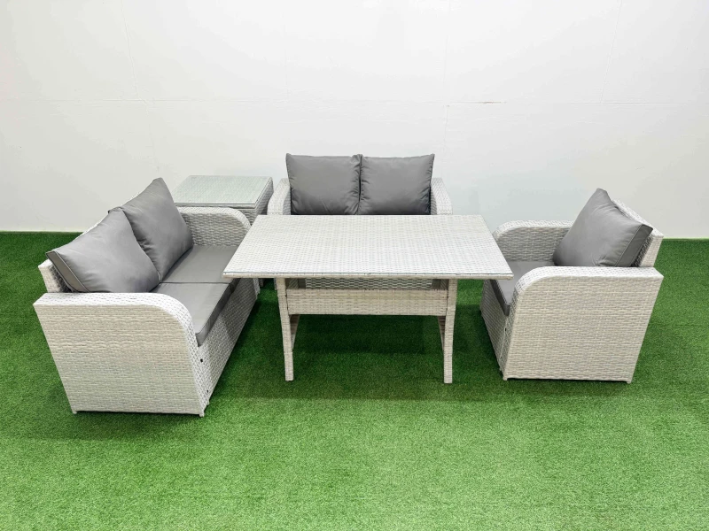 Image of Fimous High Back Poly Rattan Garden Furniture Set with Reclining Chair Loveseat Sofa Rectangular Dining Table Indoor Outdoor Patio Set Side Table Lig