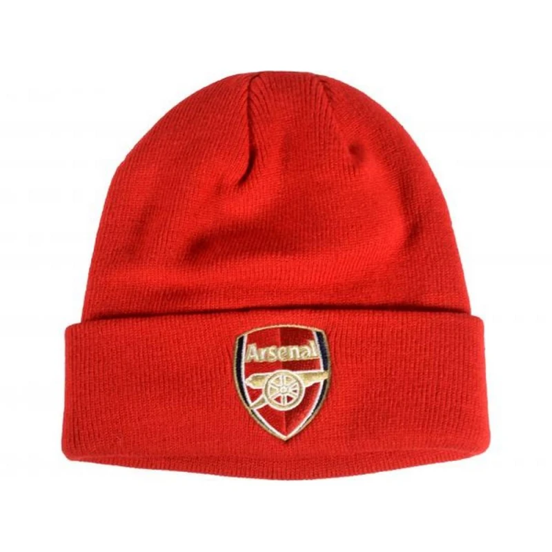 Image of Arsenal FC Crest Knitted Turned Up Cuff Beanie in Red Red Unisex One Size