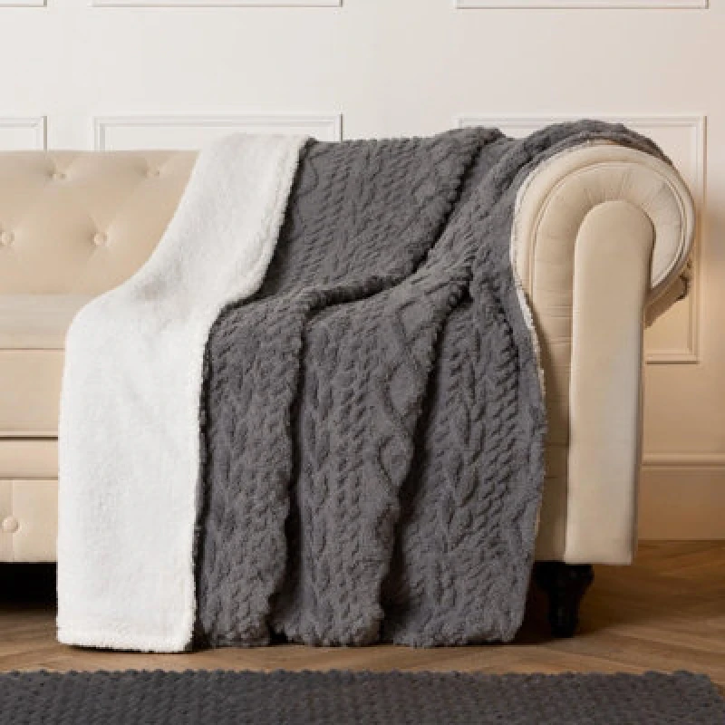 Image of OHS OHS Cable Knit Blanket Sherpa Fleece Sofa Plush Supersoft Warm Throw Over Bed Chair in Light Grey Light Grey One Size Unisex 5027434192298