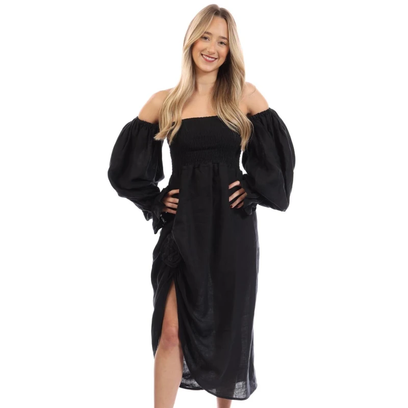 Image of Sleeper Atlanta Linen Dress With Rose Detail Black female XS