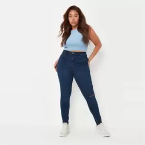 Image of Missguided Plus Lawless Slash Knee Ankle Zip Jean - Blue