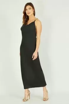Image of Black Satin Cowl Neck Maxi Dress With Chain Straps