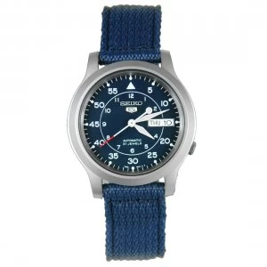Image of Seiko 5 Mens Automatic Stainless Steel Watch with Blue Canvas Band SNK807K2