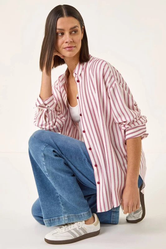 Image of Roman Womens Stripe Print Button Blouse in White Size: 14 White Female 14