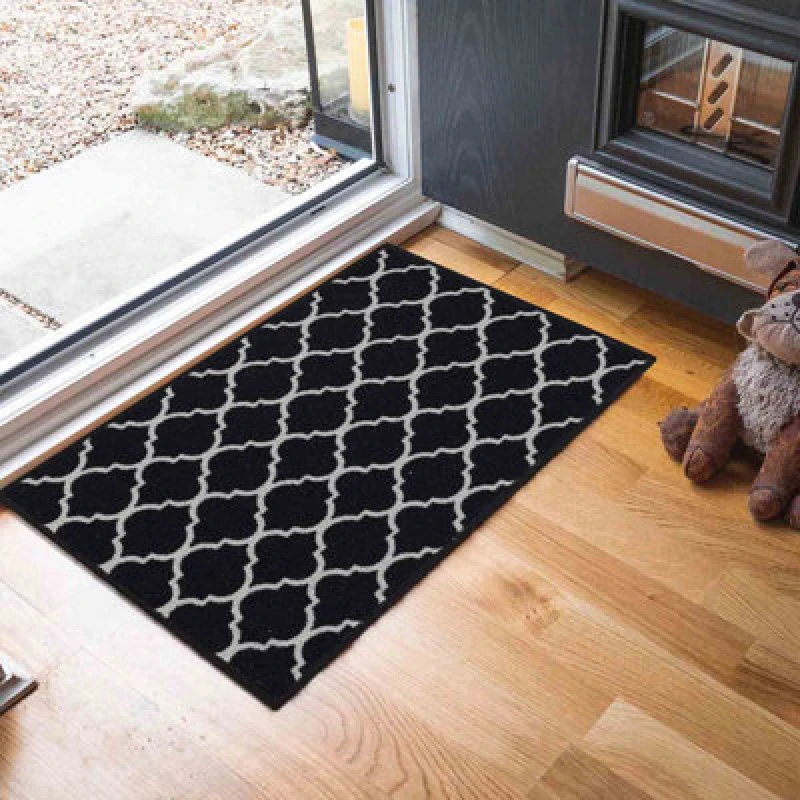 Image of Machine Washable Trellis Design Anti Slip Doormats Black 50X80 Cm