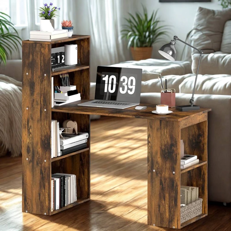 Image of FURNOS Industrial Rustic 120CM Computer Desk With 6 Storage Shelves in Brown Brown Unisex