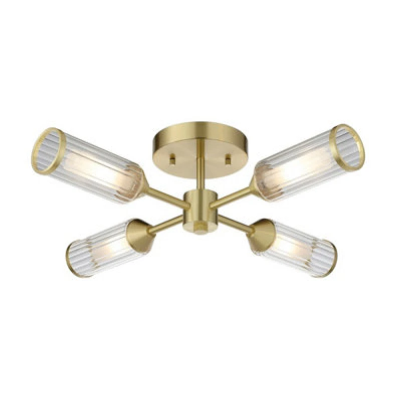 Image of Trieste Multi Arm Semi Flush Ceiling Lamp Satin Brass Plate, Clear, Frosted Glass