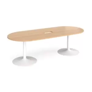 Image of Trumpet base radial end boardroom table 2400mm x 1000mm with central cutout 272mm x 132mm - white base and beech top