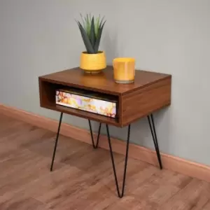Image of Industrial Oak Effect Bedside Table on Metal Hairpin Legs. - Brown