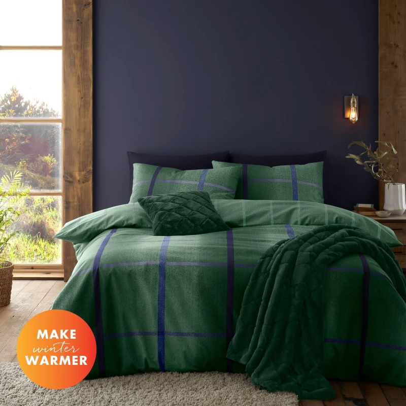 Image of Catherine Lansfield Melrose Tweed 100% Duvet Cover and Pillowcase Set Green