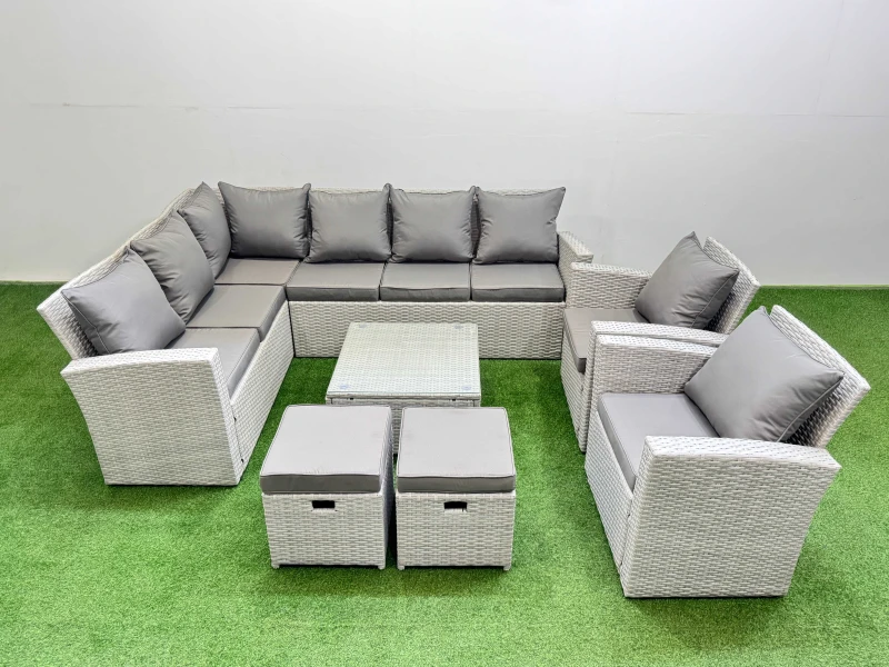 Image of Fimous 10 Seater Corner Sofa Sets with Coffee Table Chair 2 Small Stool in Light Grey Light Grey Unisex