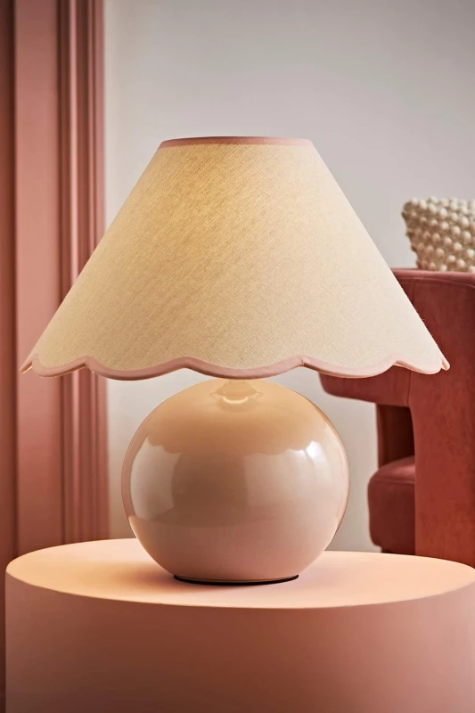 Image of ValueLights Bosco Natural Stone Globe Ceramic Table Lamp with Linen Scalloped Lamp Shade Pink