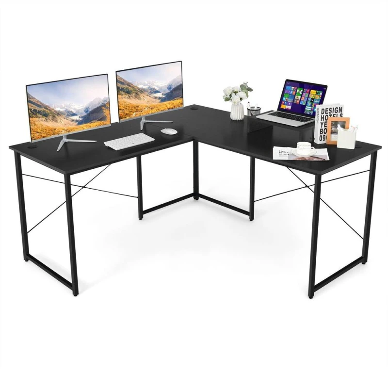 Image of COSTWAY L-Shaped Corner Computer Desk Reversible Study Writing Desk Workstation Home Office Laptop Black Black