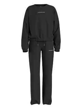 Image of Calvin Klein Jeans Girls Logo Boxy Crew Sweat And Sweatpants Set - Black, Size Age: 10 Years, Women