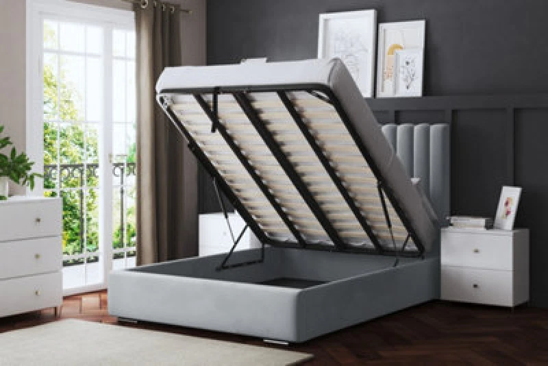 Image of DS LIVING Evangeline Silver Upholstered Panel Bed With Ottoman Metal Gas Lift Single AM_TUBESOB_SIN_SIL