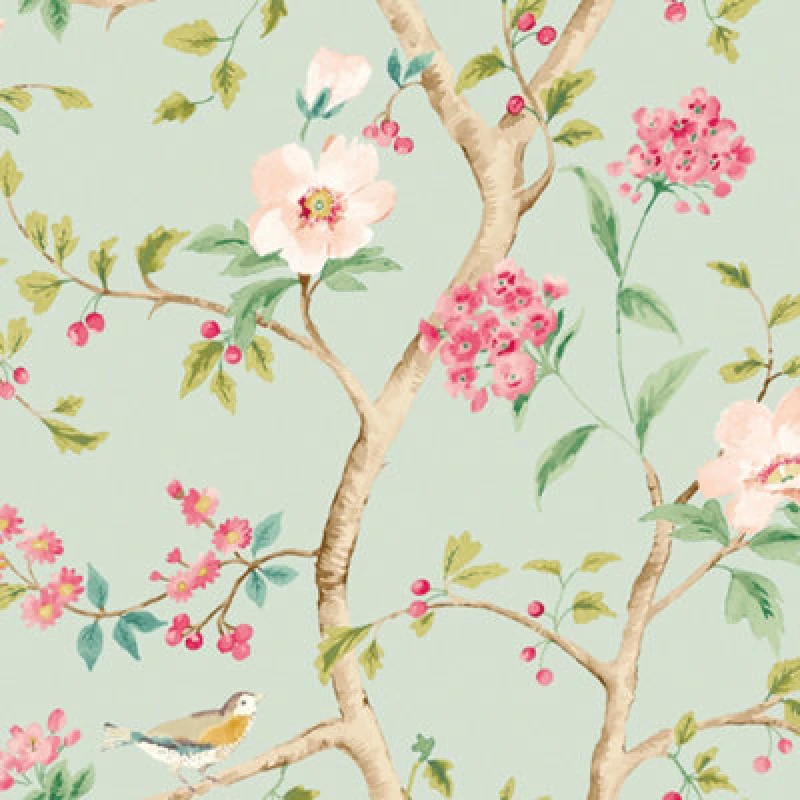 Image of Hoopla Walls Bird Song - Seafoam & Rose 10M Wallpaper