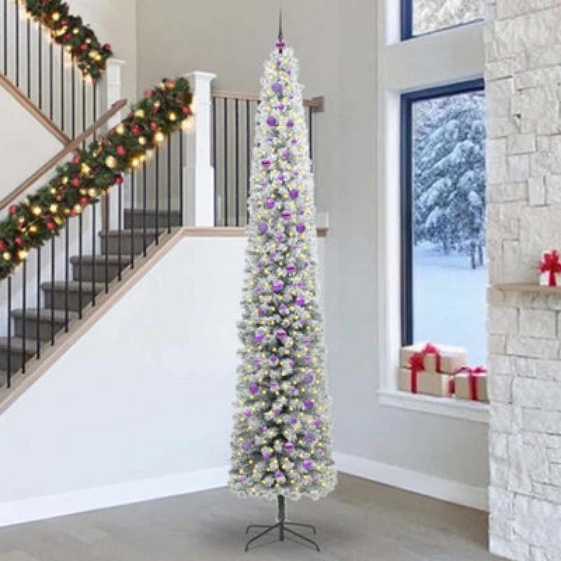 Image of vidaXL Artificial Christmas Tree with 300 LEDs, Lilac Balls with Stand Snow Flocked Green 300 cm, Green 3395068