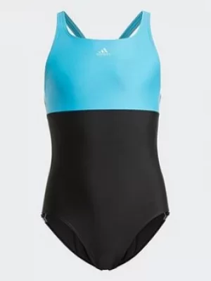 Image of adidas Colorblock 3-stripes Swimsuit, Black/Turquoise/White, Size 3-4 Years, Women