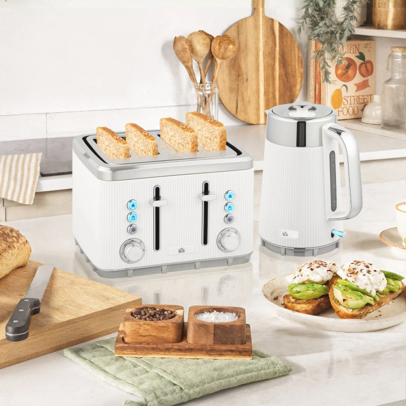 Image of HOMCOM HOMCOM Rapid Boil Kettle and 4 Slice Toaster Set w/Strix Thermostat, 1.7L 3000W in White White One Size Unisex 5063603298019
