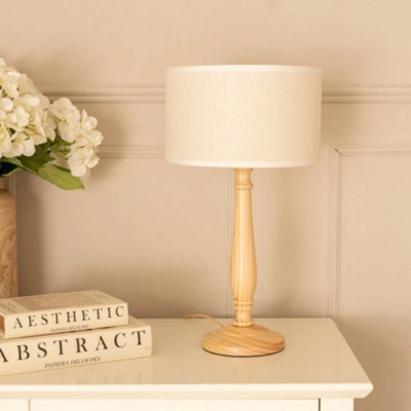 Image of ValueLights Victoria Light Wood Candlestick Table Lamp with Linen White Trim Drum Lamp Shade Natural