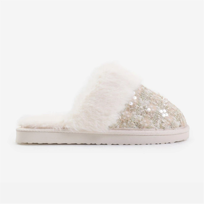Image of Where's That From 'Snuggle' Slip On Sequin Slippers With Fur Trim Beige