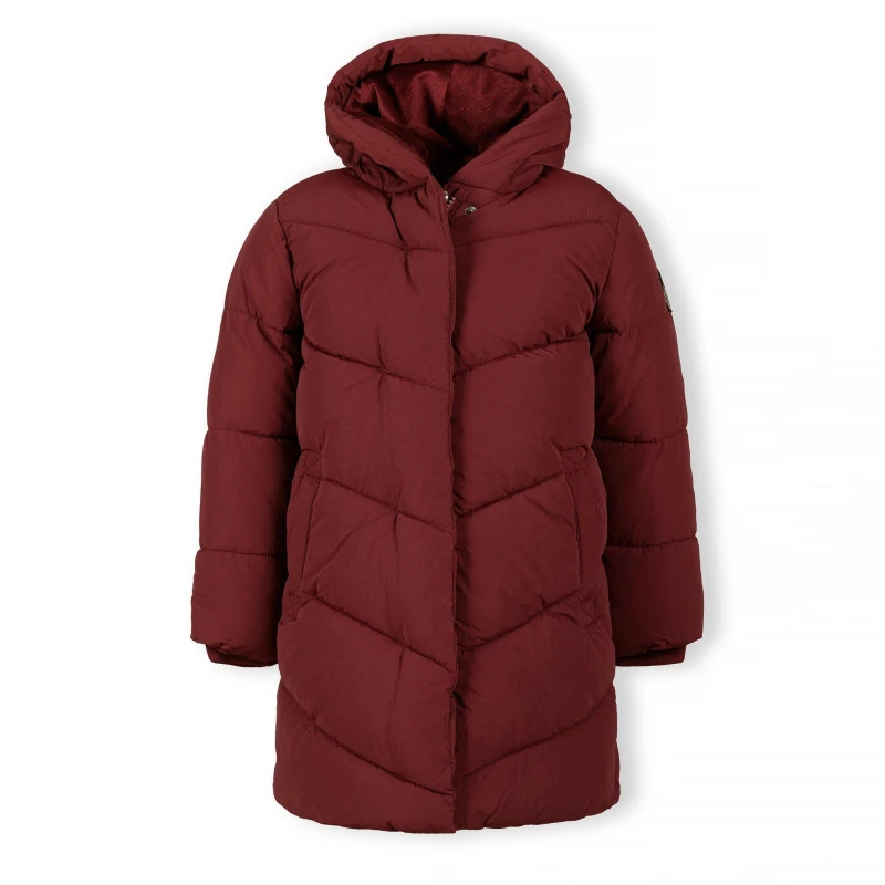 Image of Minoti Girls long quilted winter jacket zip press studs burgundy Bordeaux female 2-3 Yrs
