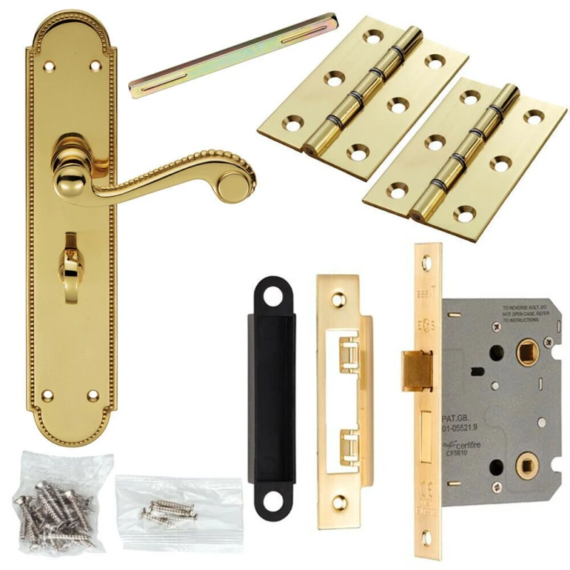 Image of Loops Door Handle & Bathroom Lock Pack Brass Victorian Scroll Lever Turn Backplate Metallics unisex