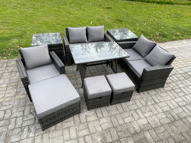 Image of Fimous Garden Dining Set Wicker PE Rattan Outdoor Furniture Sofa with Rectangular Dining Table Double Seat Sofa 2 Side Tables 3 Footstools Dark Grey U