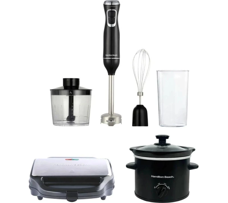 Image of HAMILTON BEACH Essentials Hand Blender, Sandwich Toaster & Slow Cooker Bundle Black 5060916373525