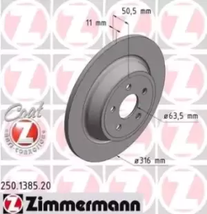 Image of ZIMMERMANN Brake disc 250.1385.20 Brake rotor,Brake discs FORD,FORD USA,S-Max (CJ),Galaxy (CK),EDGE