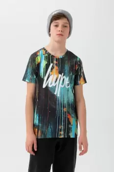 Image of HYPE BOYS TURQUOISE SPRAY DRIPS SCRIPT T-SHIRT