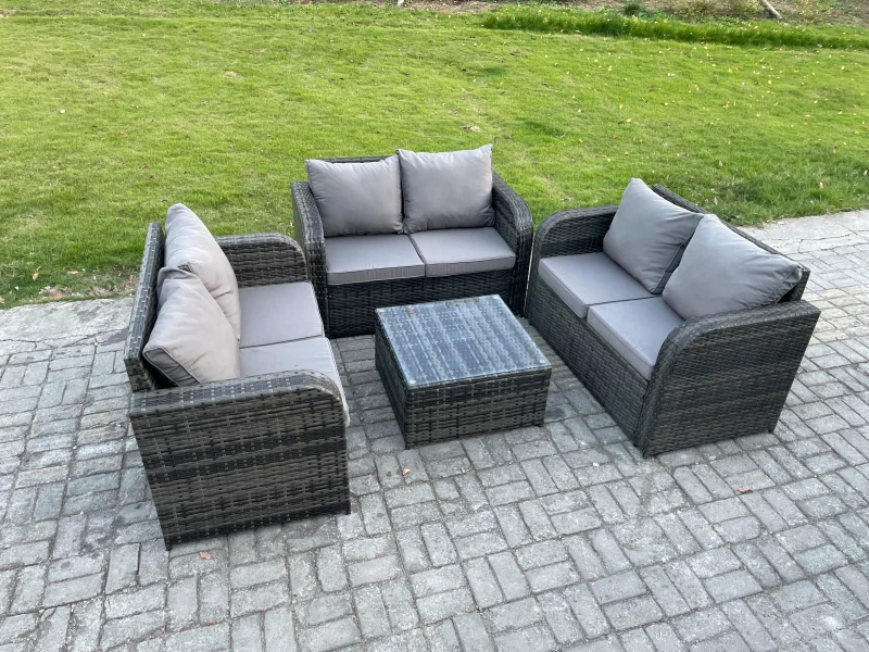 Image of Fimous Outdoor Garden Furniture Sets 6 Seater Wicker Rattan Furniture Sofa Sets with Square Coffee Table Love seat Sofa Dark Grey