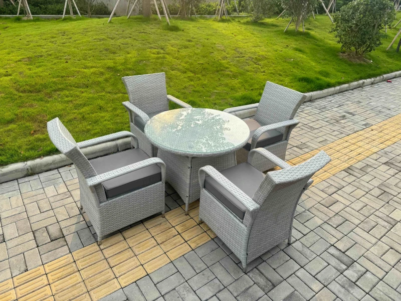 Image of Fimous Rattan Furniture Set with 1 Medium Round Coffee Table &4 Seater Chairs in Light Grey Light Grey Unisex