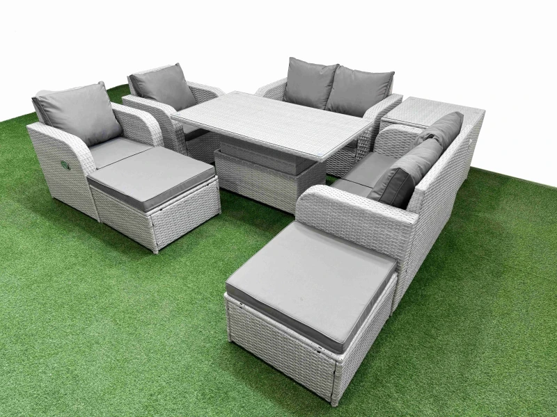 Image of Fimous 8 Seater Outdoor Reclining Chair Love Sofa Set Rattan Garden Furniture Set with Adjustable Lifting Dining or Coffee Table 2 Big FootStools Sid