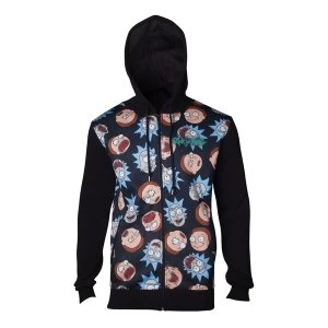 Image of Rick And Morty - Character Faces Pattern Sublimation Print Mens Small Hoodie - Black