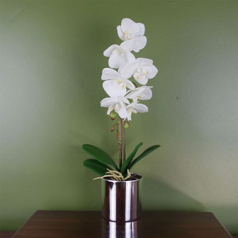 Image of Leaf 46cm Artificial Orchid White with Silver Pot White