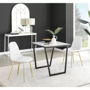 Image of Furniturebox UK - Furniturebox Carson White Marble Effect Square Dining Table & 2 White Corona Faux Leather Dining Chairs with Gold Legs Diamond