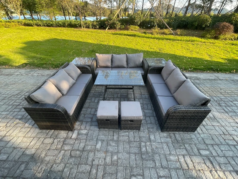 Image of Fimous Rattan Garden Furniture Set 11 Seater Patio Outdoor Lounge Sofa Set with 2 Side Tables Rectangular Dining Table 2 Small Footstools Dark Grey