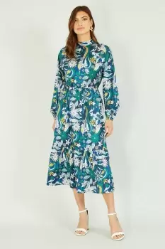 Image of Green Seventies Floral Print High Neck Midi Dress With Long Sleeves