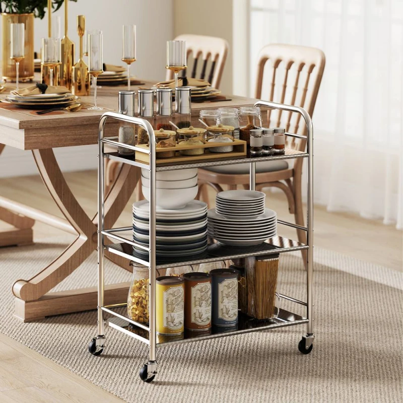 Image of HOMCOM 3 Tier Kitchen Trolley on Wheels Serving Cart with Handles Silver 801-396V00SR