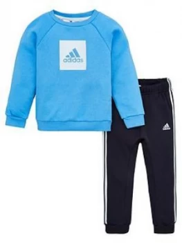 Image of Boys, adidas Infant 2 Piece 3 Stripe Logo Sweatshirt and Jogger Set - Blue, Size 0-3 Months