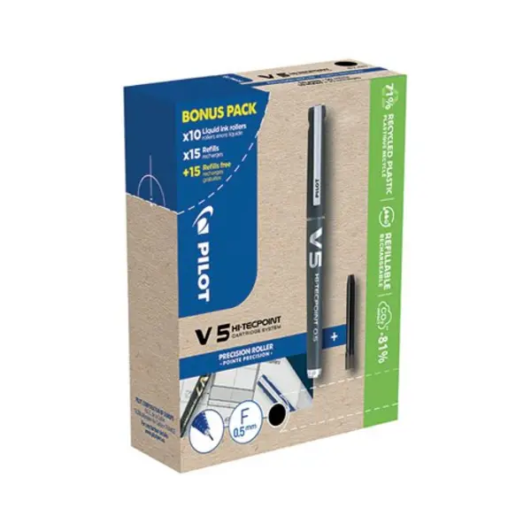 Image of Pilot Pilot Hi-Tecpoint V5 Liquid Ink Rollerball Pen Black 10 Pens + 30 Refills (Pack of 40) 3131910556237 3131910556237